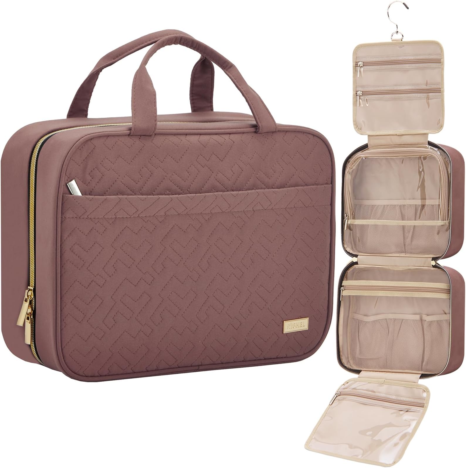 Travel Toiletry Bag for women, Portable Hanging Organizer for Full-Sized Shampoo, Conditioner, Brushes Set, Makeup Accessories, Large Size, Rosewood-Pink