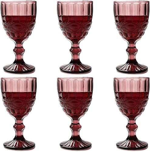 Taganov Juego de 6 copas de vino tinto de color rosa y morado, cristalería vintage en relieve, 10 onzas, bonita taza de agua con tallo para boda,