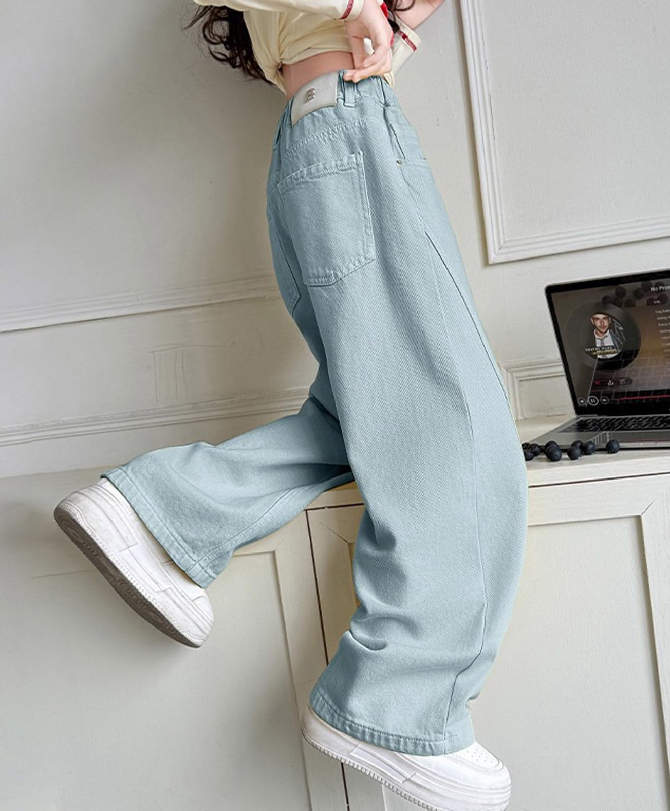Jean Baggy Enfant Fille Ete Taille Elastique 4-12 Ans été Pantalon Denim Jambe Large Ado Fille Ample a La Mode Confortable Pas Cher Chic École Casual Vacances