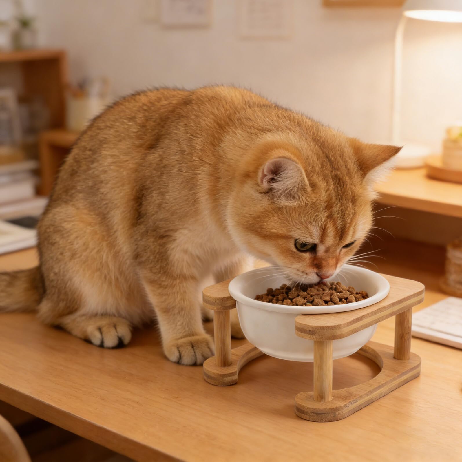 Gamelle Surélevée pour Chat et Petit Chien 600 ML en Céramique Blanche avec Support en Bois Stable Anti-basculement, Distributeur d'eau et Nourriture pour Intérieur et Extérieur,