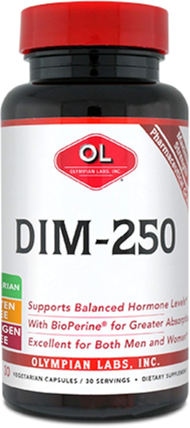 Olympian Labs DIM Suplemento 250mg - DIM Diindolylmetano Plus BioPerine 30 Cápsulas Suministro de DIM para equilibrio de estrógenos, alivio de la