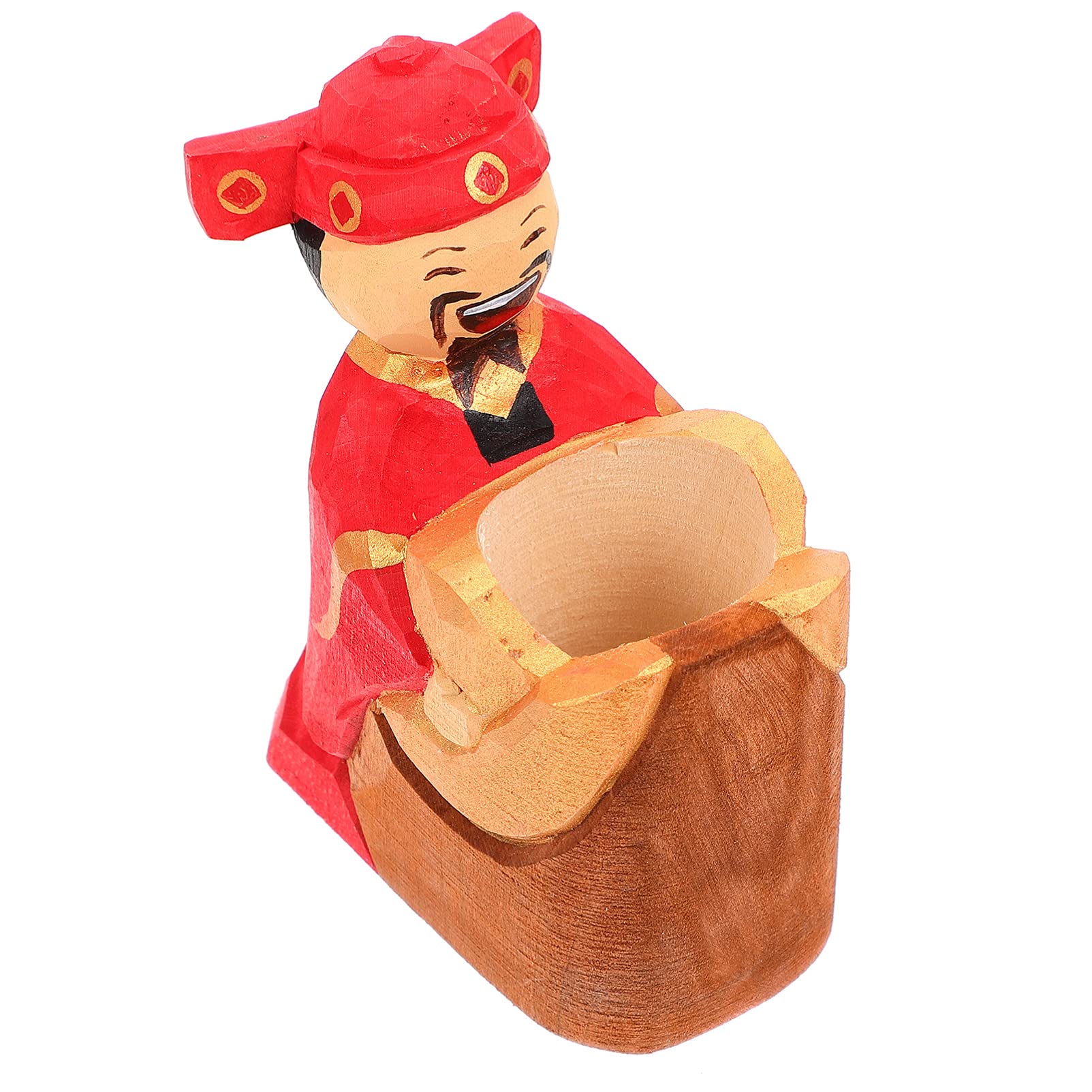 hemoton Wood Desk Pen Pencil Holder Stand Feng Shui Cai Shen Statue Caishen God of Fortune Wealth Desk Organizer Stationery Caddy for Office School Home Decor