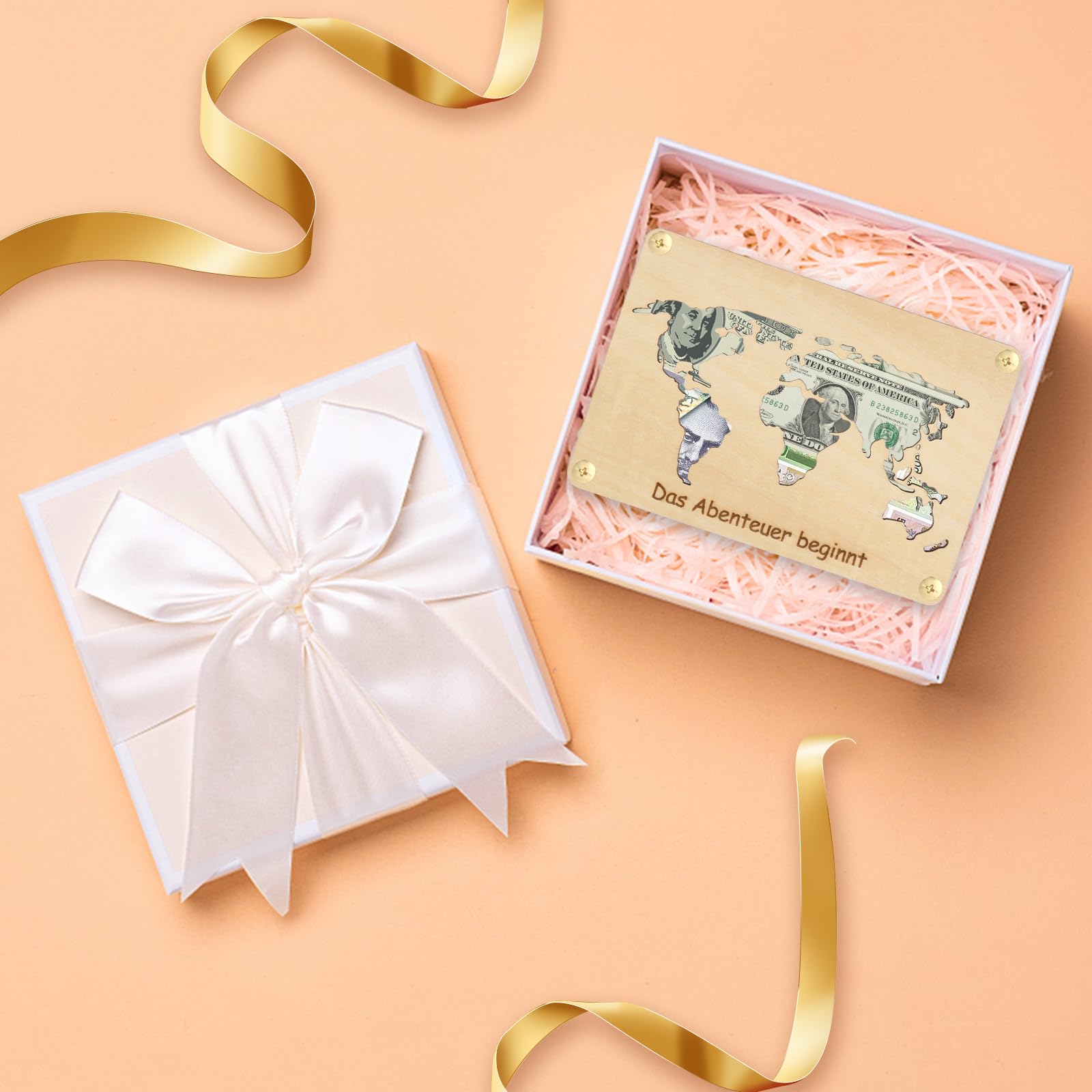 GAROMIA Cadeau en argent - Carte du monde - Cadeau de mariage - Argent en bois - Cadeau de mariage