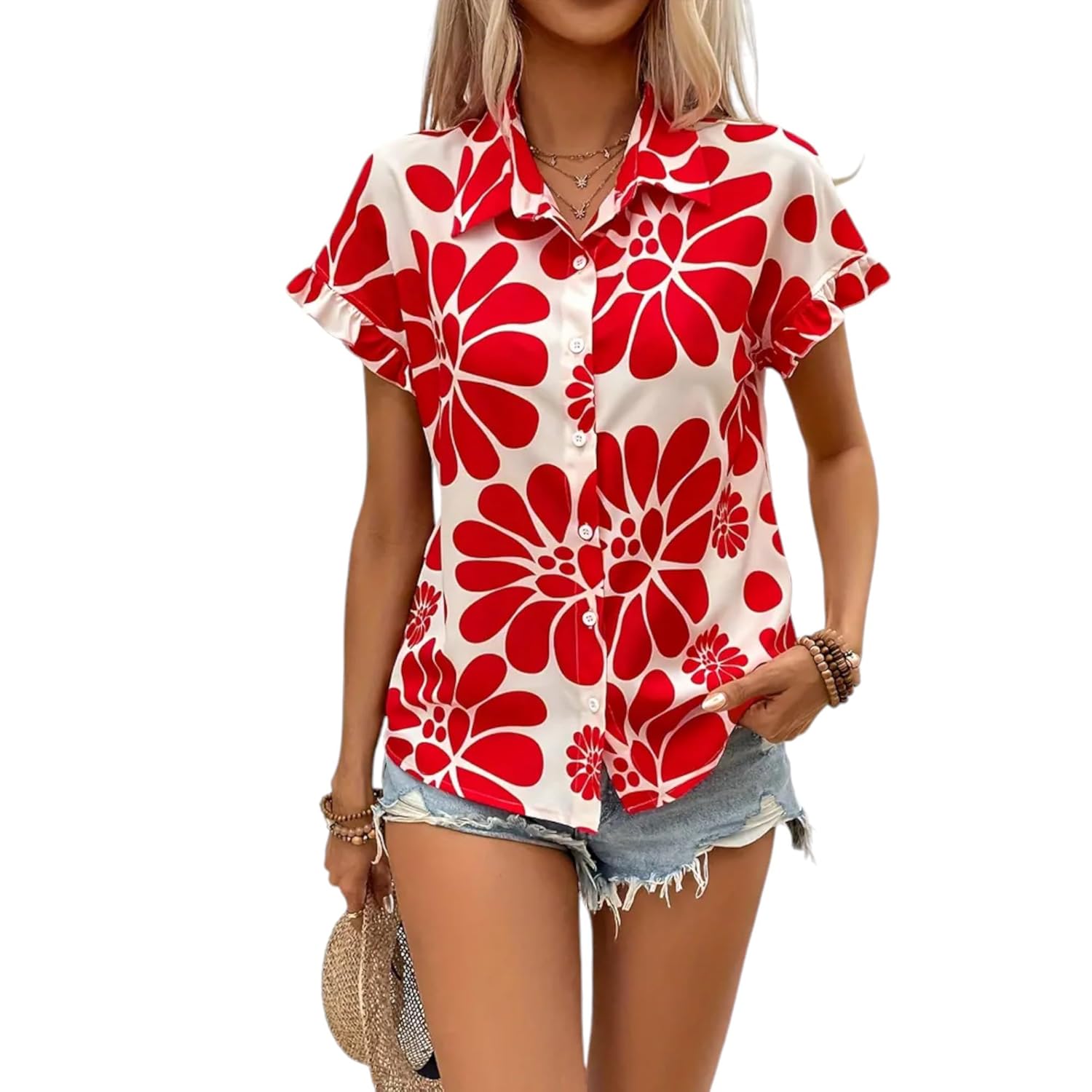 Gufrina top for Women Stylish Western|Shirt Type top|Half Sleeve|Fabric Rayon| Collar Neck | Floral Print Button Front Blouse|Casual Regular fit