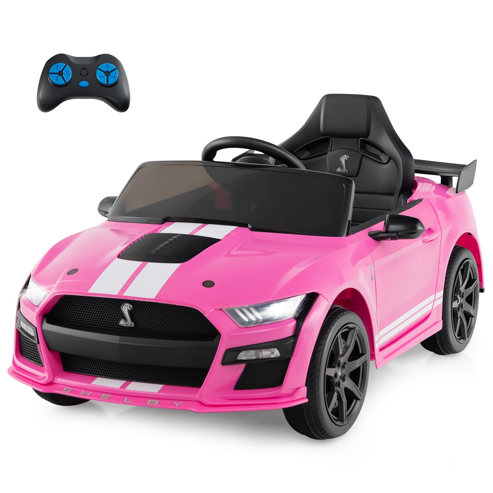 COSTWAY 12V Kids Electric Ride on Car with Remote Control, USB Port, Music, Light, Horn, Licensed Ford Mustang Shelby GT500 Battery Powered Toy Vehicle for Boys and Girls (Pink)