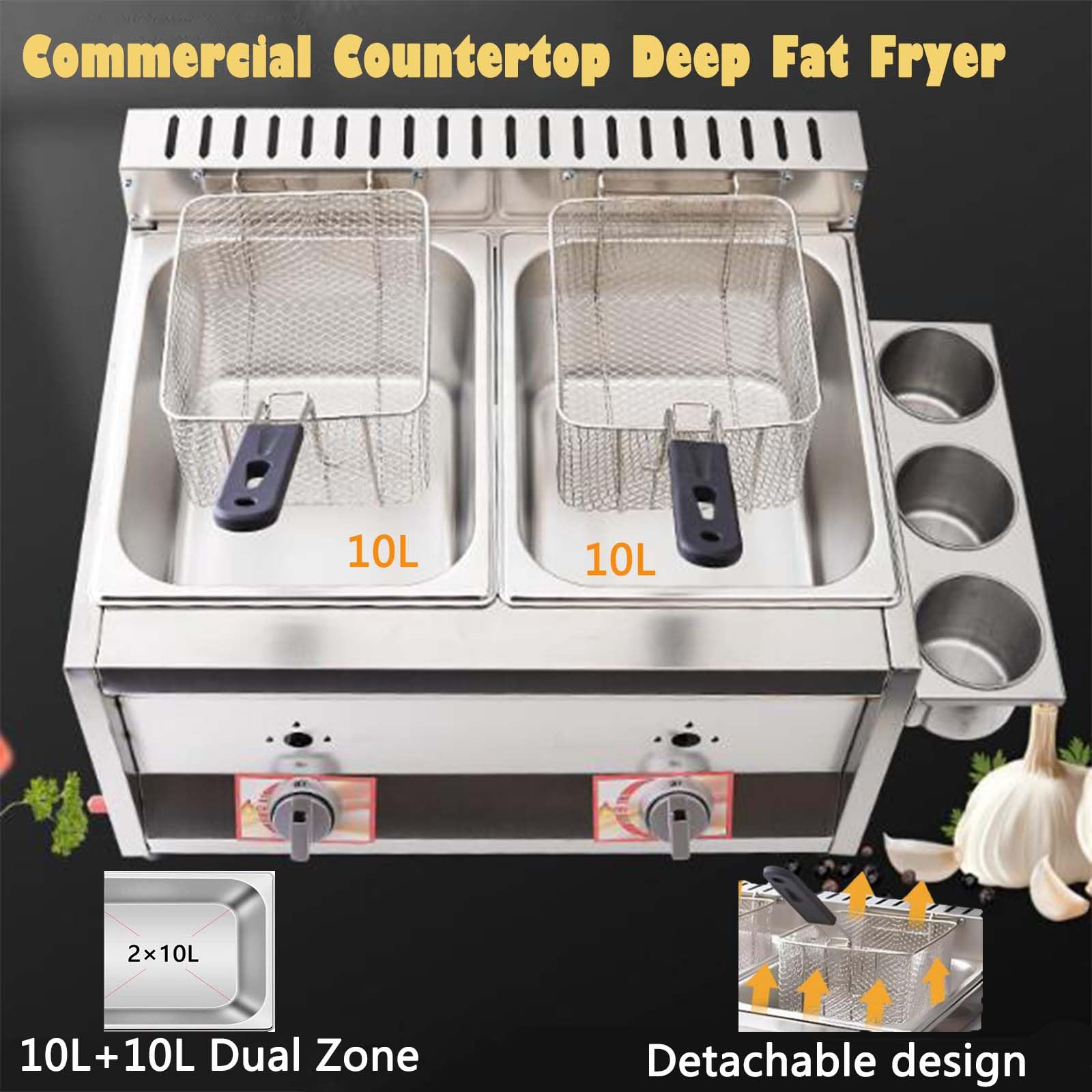 Friggitrice Professionale A Gas In Acciaio Inox Con Doppia Vasca E Coperchio, Capacità 2X10L, Indipendente Con Manopola Di Controllo Della Temperatura Per Patatine Fritte, Patatine Fritte, Snack Di C