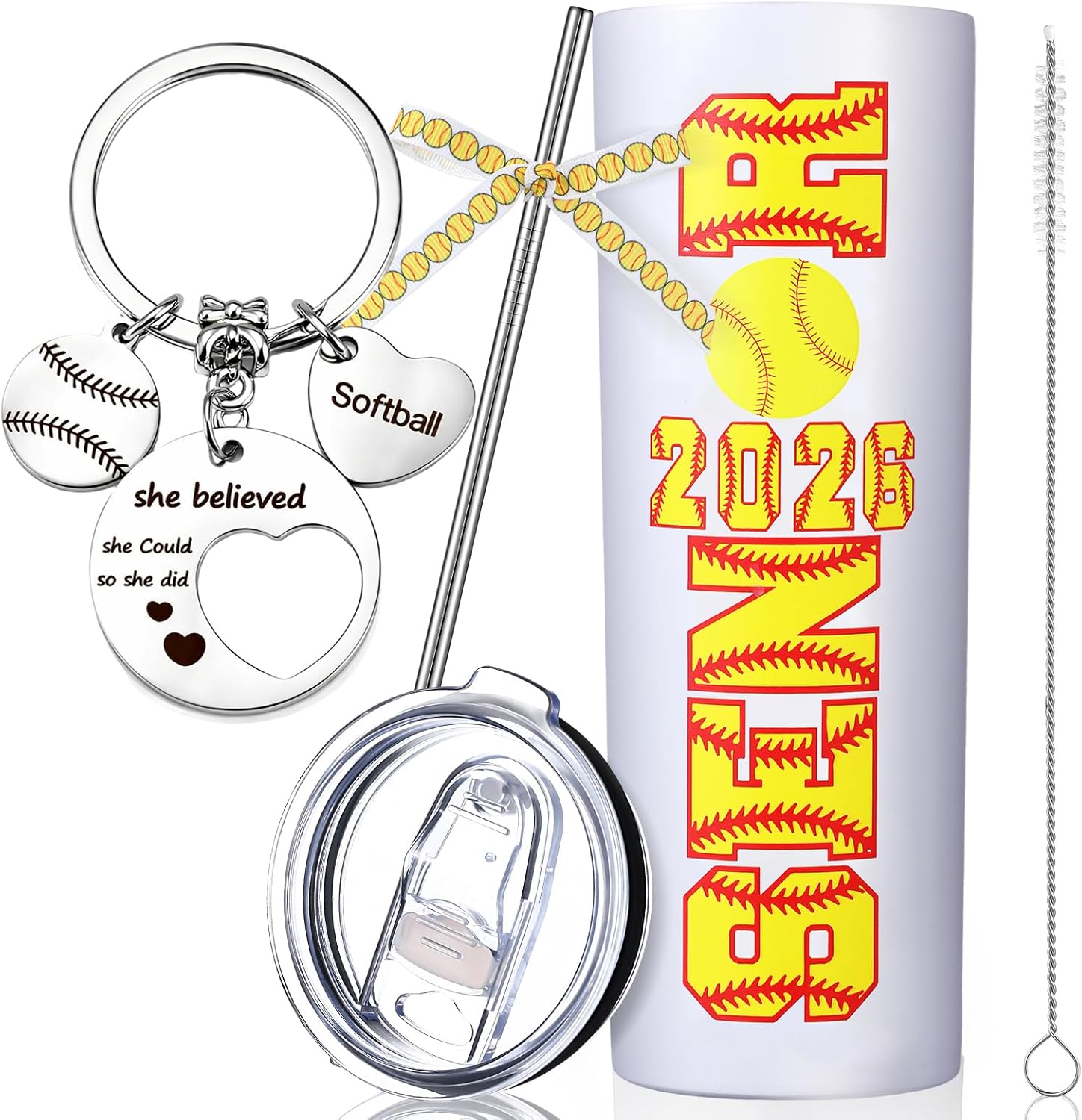 Rtteri Softball 2026 Senior Night Gift Set, 20 oz Tumbler with Straw and Lid, Softball Ribbon and Keychain, Graduation Gifts for Sport Players, Team Awards, 2026 Senior Night Present