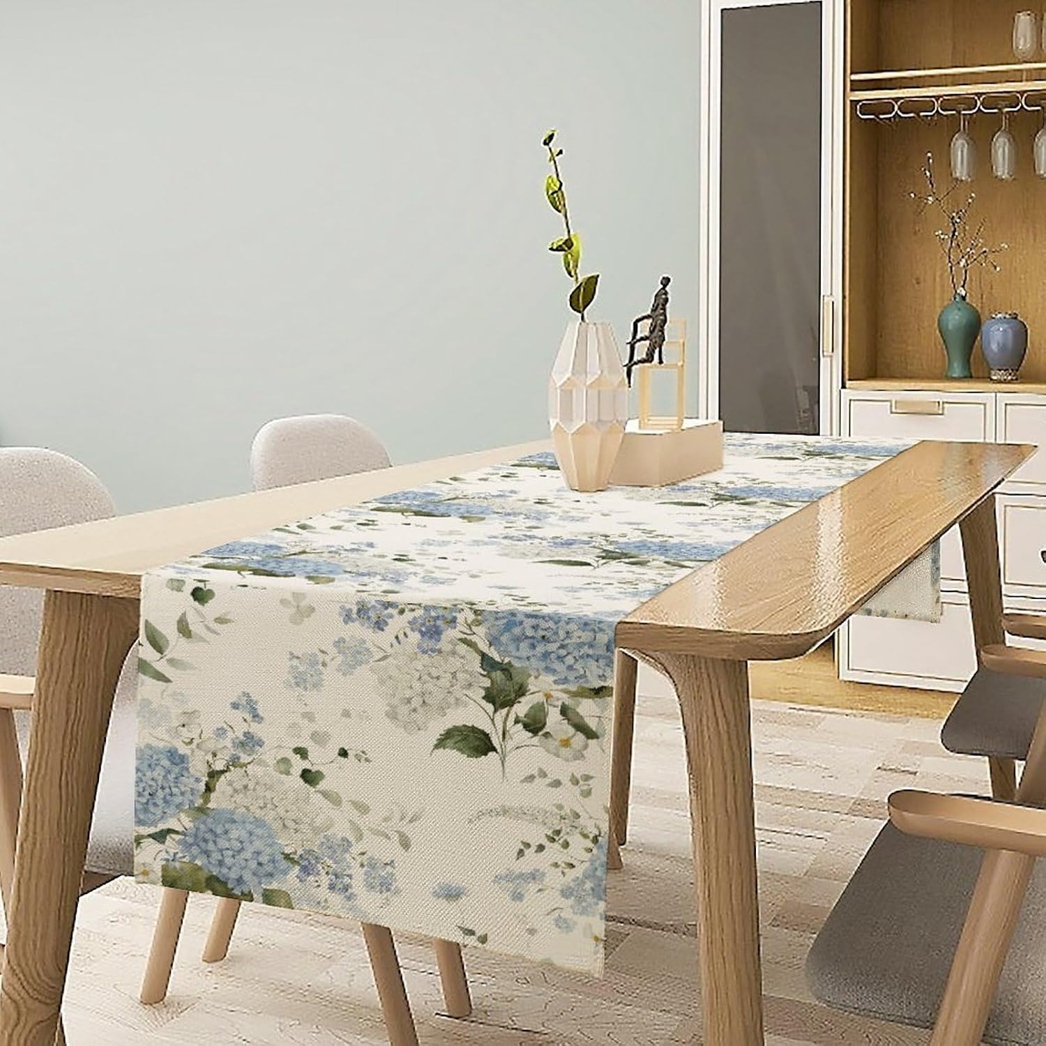 Blue Floral Table Runner, Spring Summer Watercolor Hydrangea Flower Butterfly Country Farmhouse Coffee Table Center Decor for Home Kitchen Dining Patio Holiday Party Table Decorations 13x36 inches