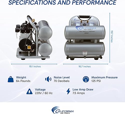 Miniatura 5 de California Air Tools AT-4620AC Compresor de aire eléctrico portable con tanque doble de aluminio 2.0, de 4 galones, ultra silencioso y sin aceite,