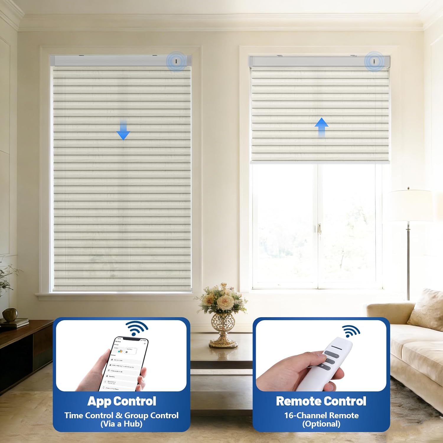 Motorized Cellular Shades with Remote, Smart Cellular Shades Compatible with Apple HomeKit, Alexa & Google Home, Honeycomb Window Blinds for Indoor Windows, Light Filtering Beige Linen