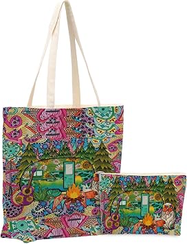 Hippie Gifts,2PCS Makeup Cosmetic Bag Canvas Tote Bag Beach Bag for Shopping Office, Hippies Van Hippie Decor Stuff Retro Camper Car Camping Gifts for Women Friend Girl Birthday Friendship Christmas