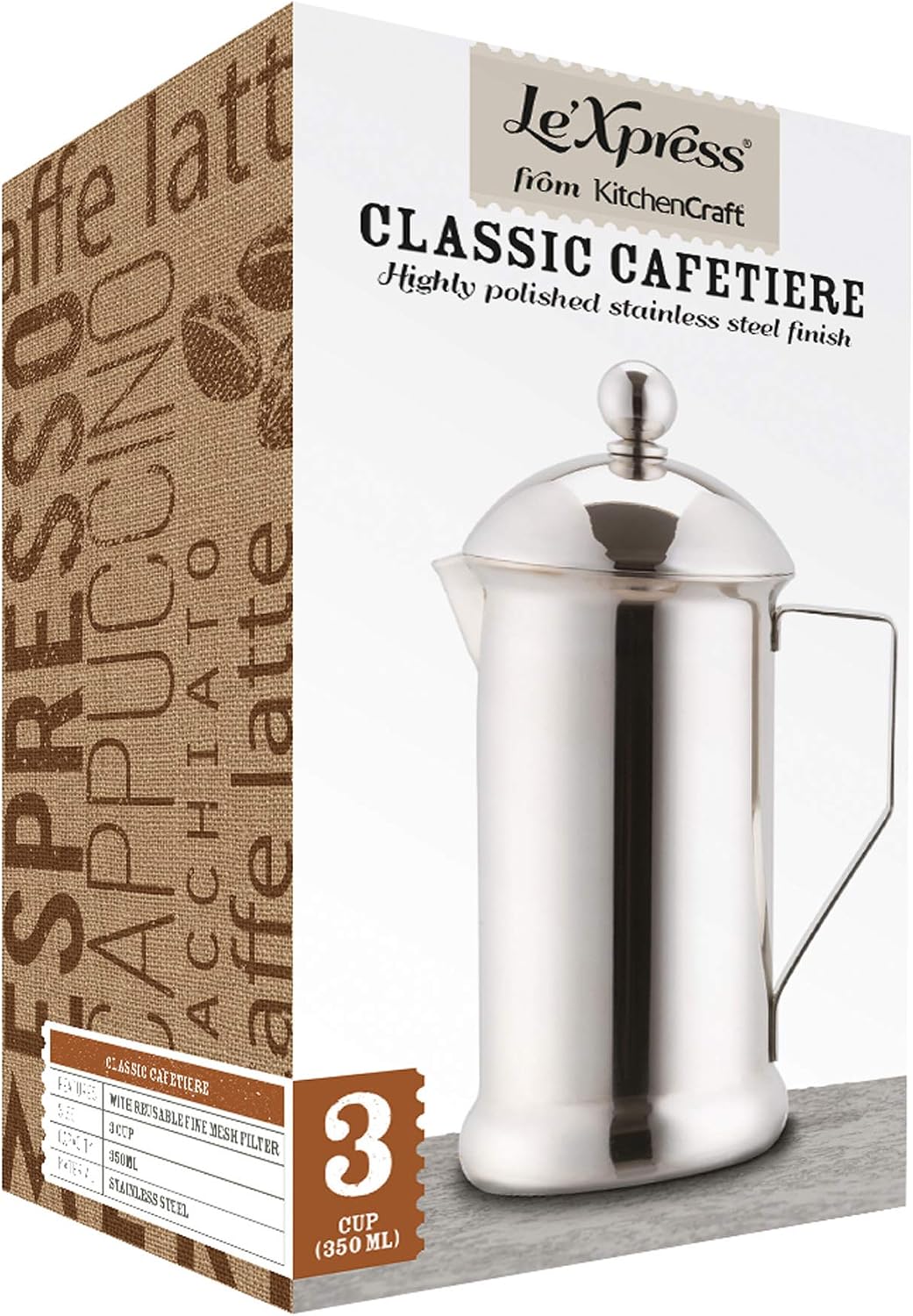 Kitchencraft Le'xpress Classic 3-cup Stainless Steel Coffee Maker, 350ml (12.5