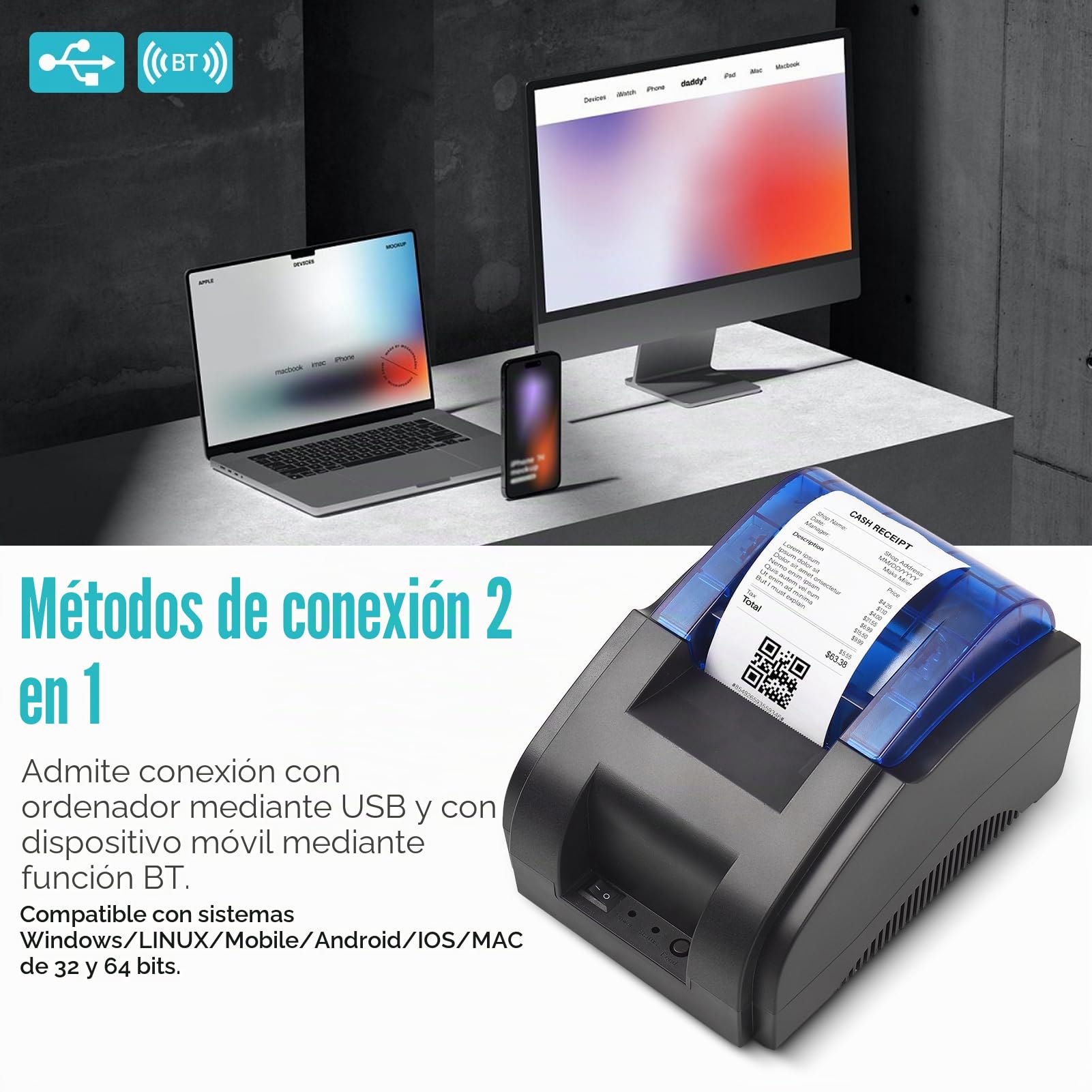 Impresora de escritorio 58 mm USB + BT, 203 DPI, impresión directa térmica, compatible con Windows/Linux/Mac/Android/iOS, soporte de alta velocidad, comando ESC/POS