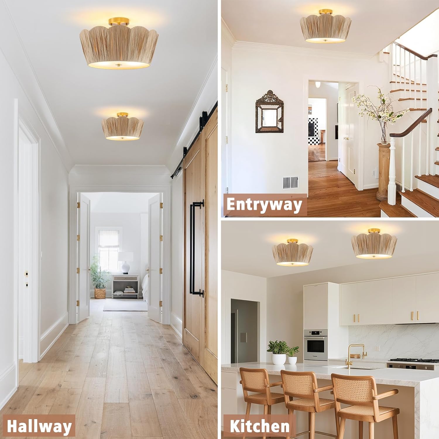 18” Boho Ceiling Light 3-Light Semi Flush Mount Ceiling Light Fixture with Woven Raffia Shade, Boho Light Fixture for Bedroom Kitchen Hallway Entryway