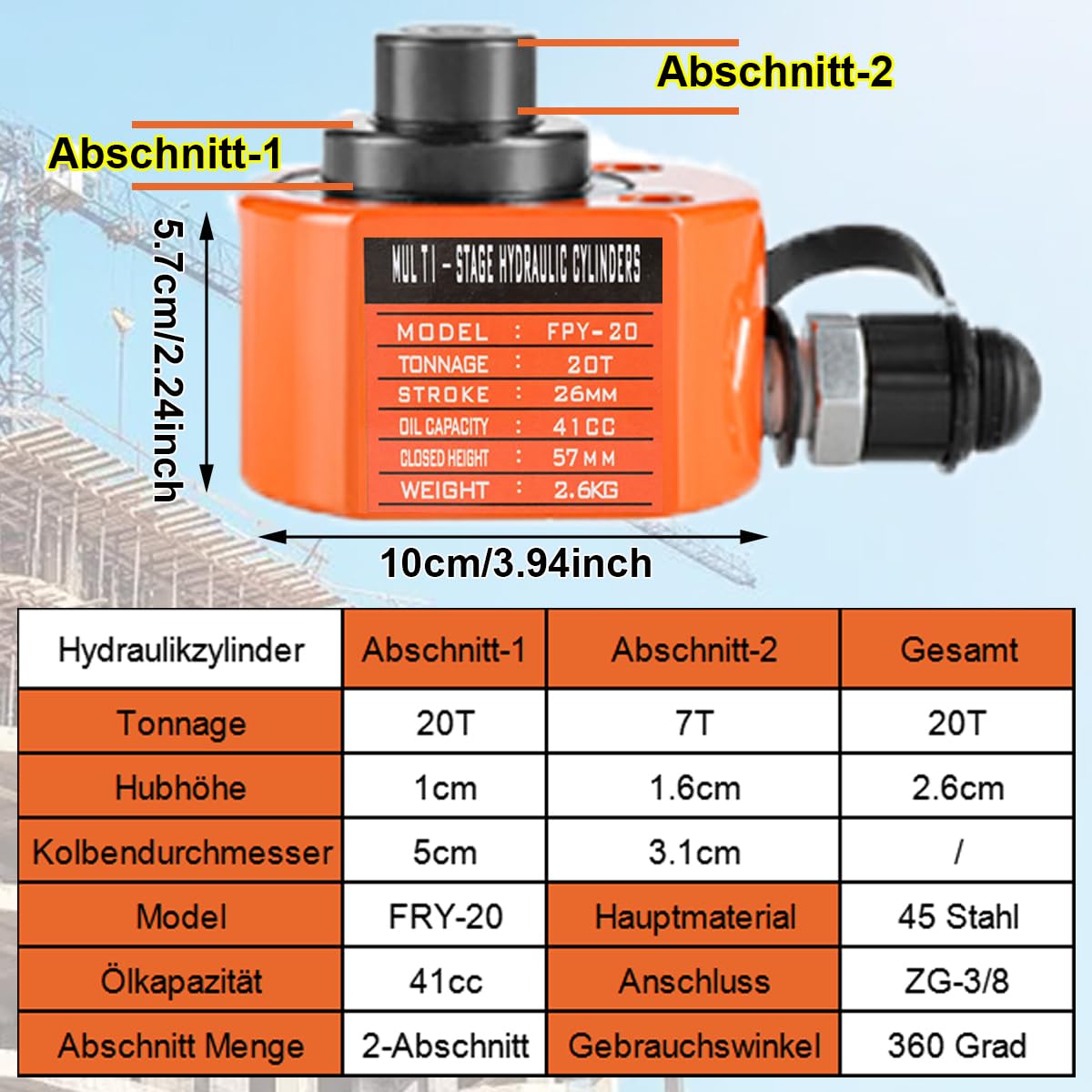 20T Zweiteiliger Hydraulikzylinder, 26mm Hub 57mm Eigenhöhe, 41cc Hydraulische Hubzylinder Industrieheber für den Maschinenbau