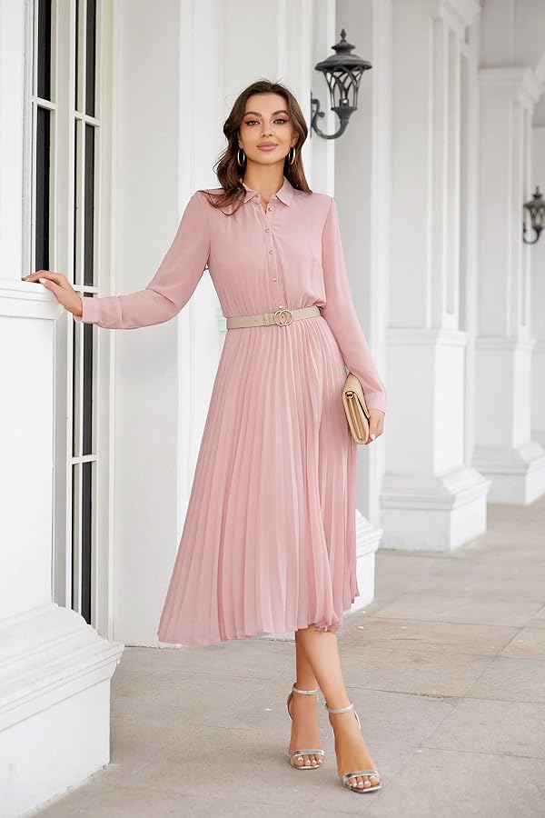 AbleTree Business Casual Shirt Dress for Women Long Sleeves Pleated Midi Dresses with Belt Blush Pink by AbleTree - Used condition - Image 3