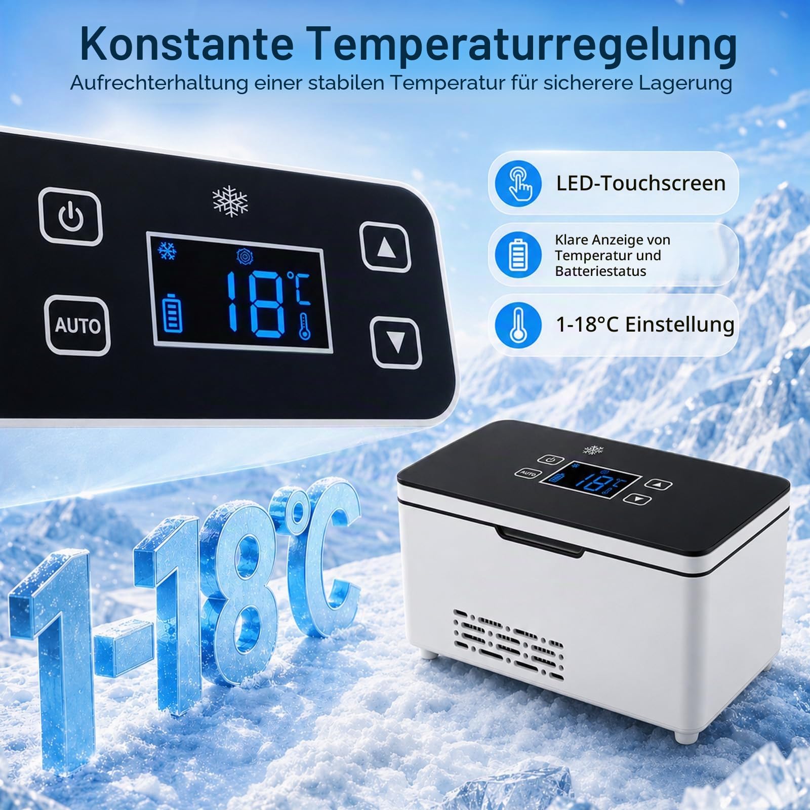 Akku Tragbare Kühlbox Elektrisch, Mini Medikamenten Kühlbox für Insulin & Peptide, LED-Anzeige 0-18°C Einstellbar, Mit Zwei 10600mAh Akkus für Zuhause Reisen Auto