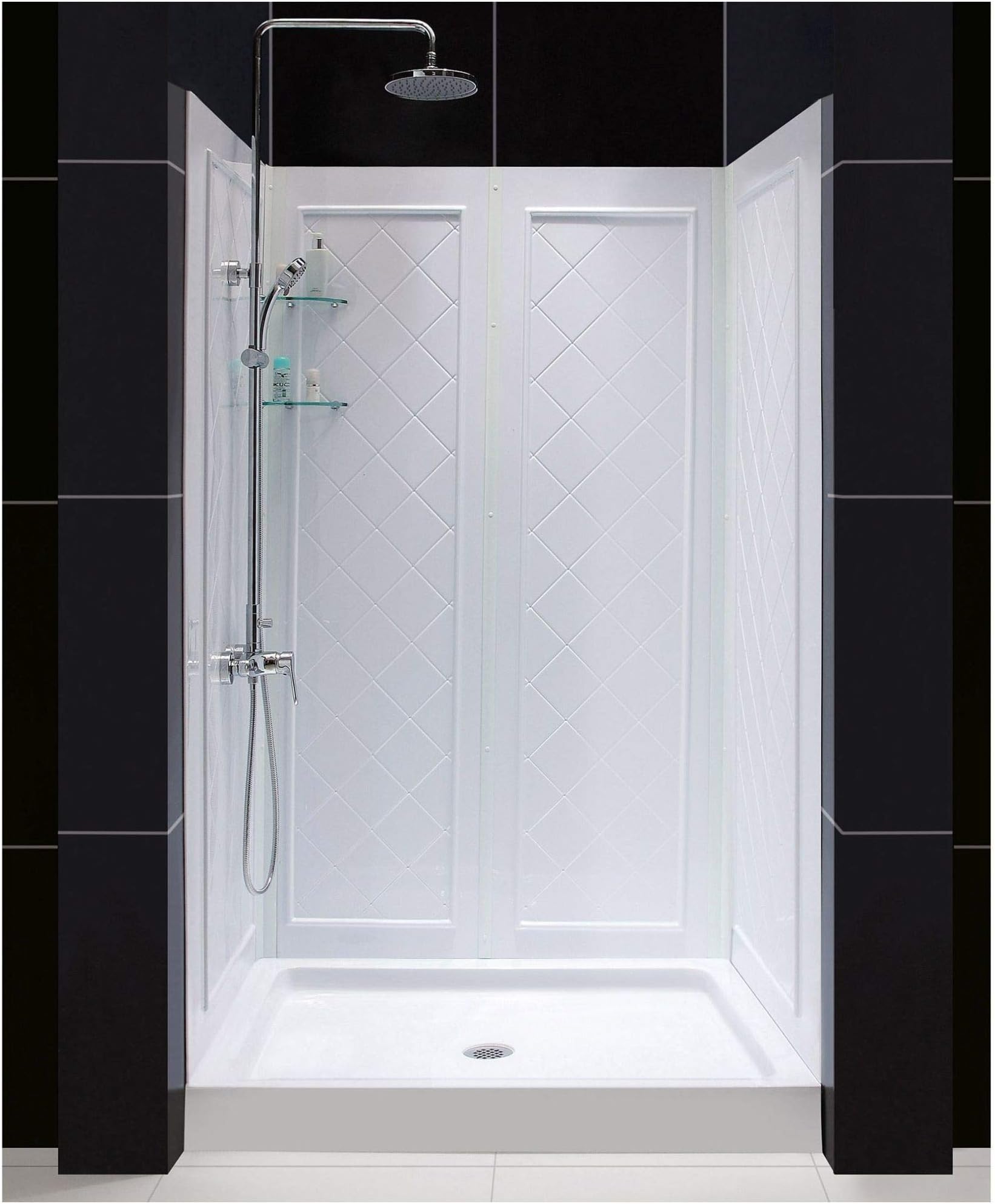 DreamLine 32 in. D x 48 in. W x 76 3/4 in. H Center Drain Acrylic Shower Base and QWALL-5 Backwall Kit In White, DL-6070C-01