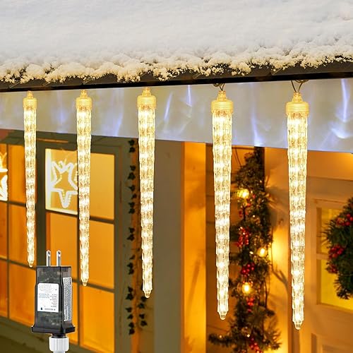 Miniatura 10 de Luces de carámbano de Navidad para exteriores, 10 pies, luces de lluvia de meteoritos con 10 iclos grandes, efecto de luz de estrella fugaz de