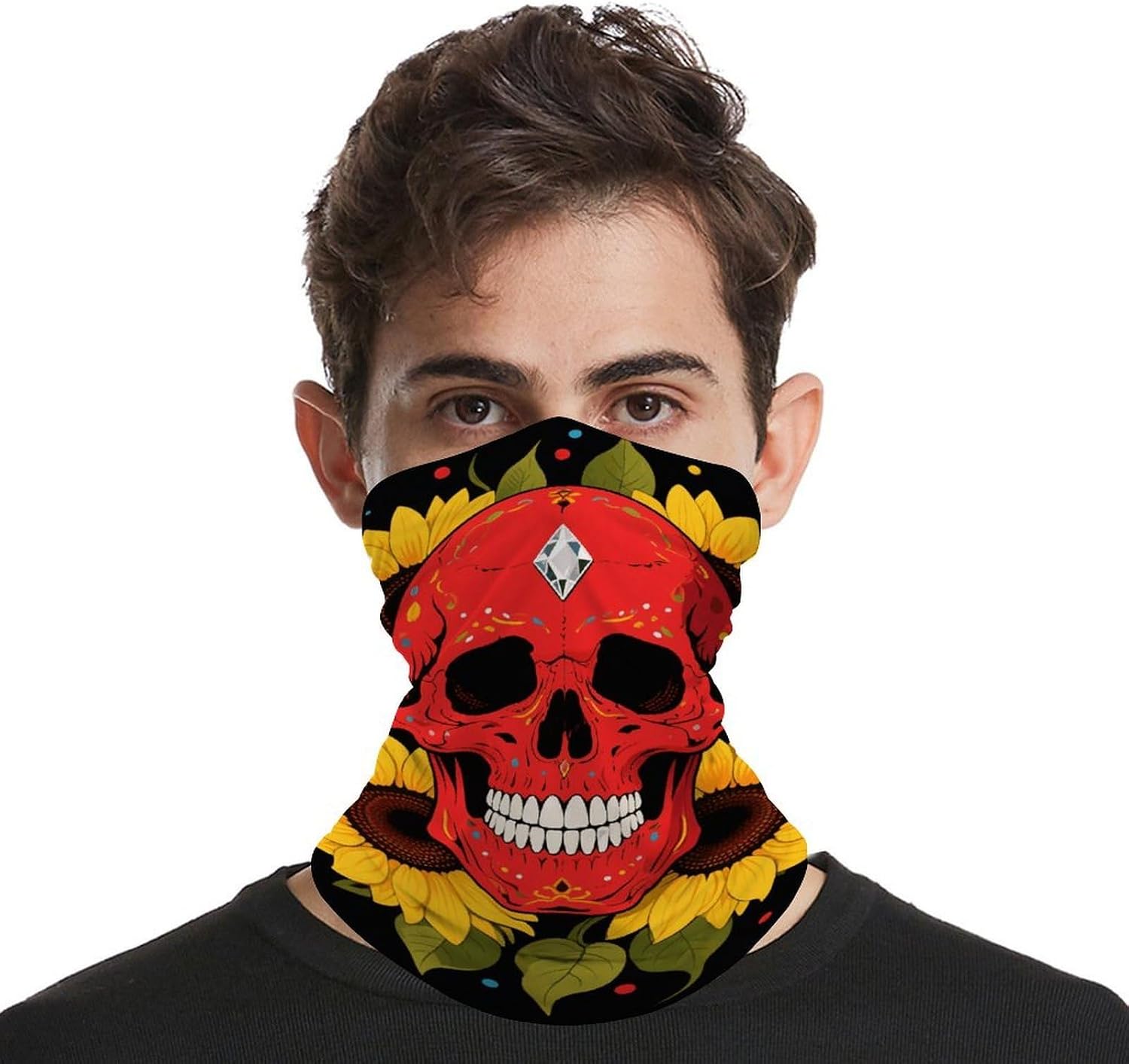 Red Skull & Yellow Sunflowers Neck Gaiter Face Cover Scarf, Breathable Sun Balaclava for Skiing Fishing Hiking Cycling