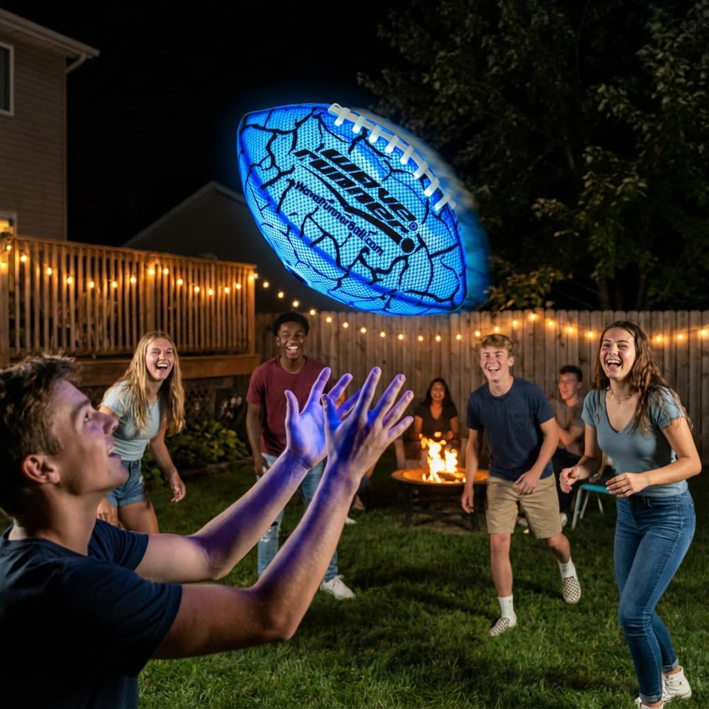 Wave Runner Glow in The Dark LED Football - Junior Size Waterproof Light Up Football, Type-C Rechargeable with Pump, Outdoor Sports Toy for Kids, Teens, and Adults