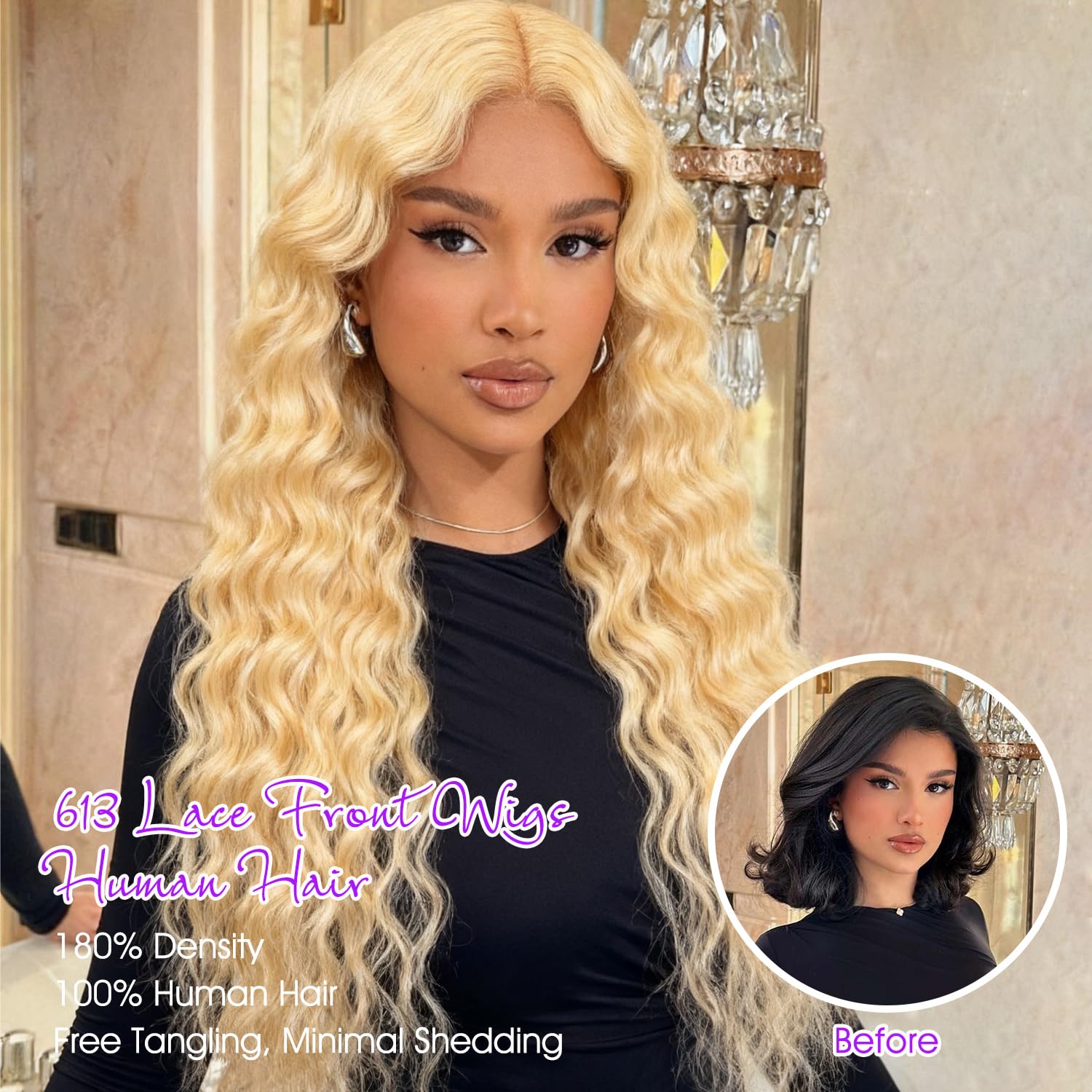 26 Inch 613 Lace Front Wig Human Hair 613 Blonde Deep Wave 13x6 HD Transparent Lace Front Wig Human Hair Blonde Wig Human Hair Pre Plucked With Baby Hair 180% Density for Women