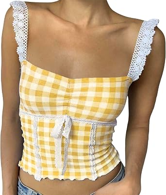 Womens Y2k Tank Top Cami Lace Trim Spaghetti Strap Camisole Square Neck Plaid Print Sleeveless Crop Tops Fairycore
