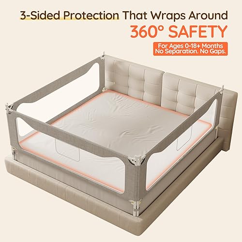Miniatura 8 de Riel de cama tamaño King paquete de 3 rieles de cama con bloqueo de seguridad, barandillas ajustables para bebés y niños pequeños (78.7 x 78.7 x