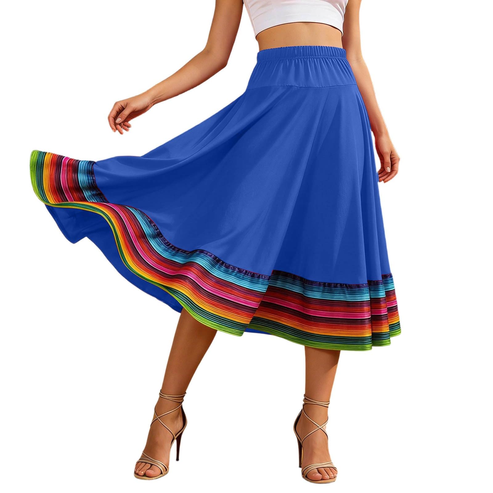 Women's Folklorico Dance Skirt Spanish Flamenco Colourful Swing Skirt Mexican Folk Dance Performance Dance Dress Boho Casual Skirt Flowing Airy Midi Skirt High Waist Traditional Skirt, Q Blue, L