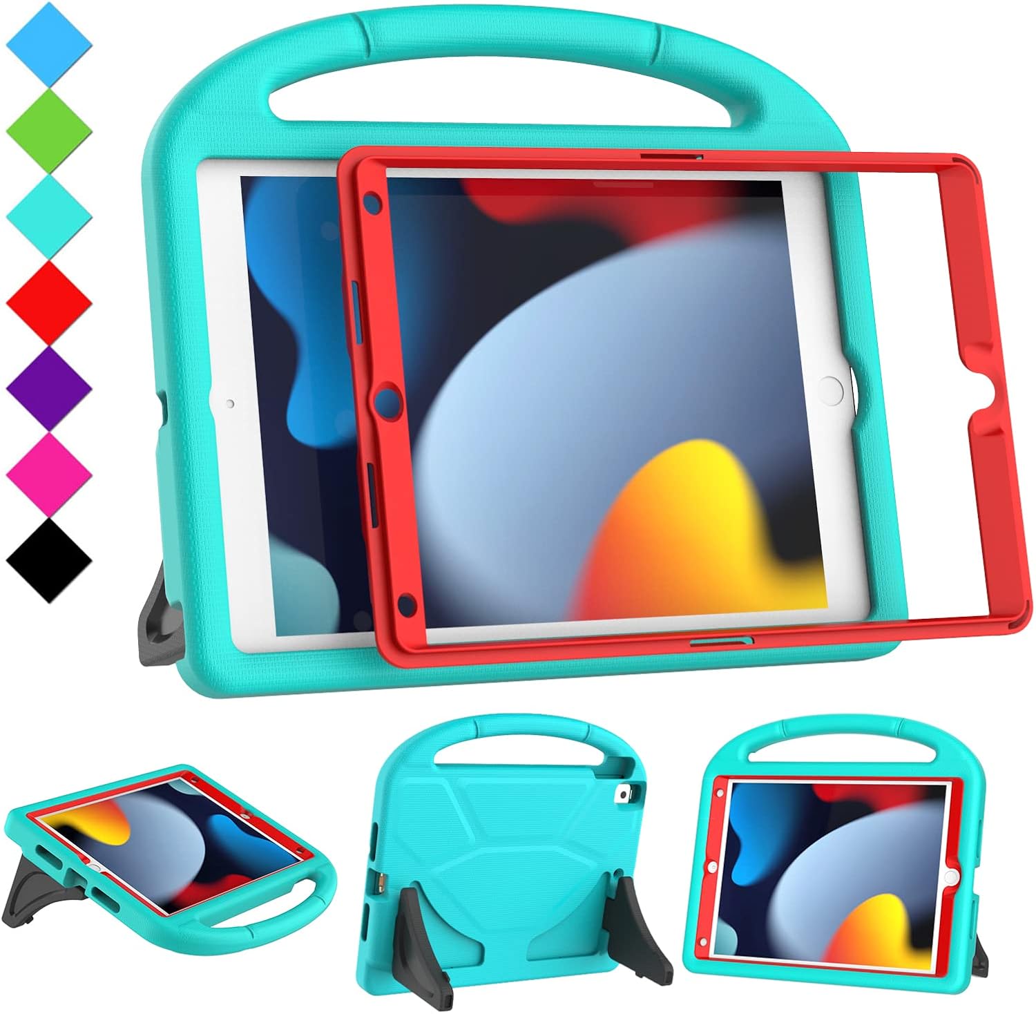 Kids Case for iPad 10.2 & 10.5, iPad 9th/8th/7th Generation 10.2" 2021 2020 2019 Case with Screen Protector, iPad Air 3rd Gen/Pro 10.5 inch Protective Cover with Handle Stand, Cyan&Red