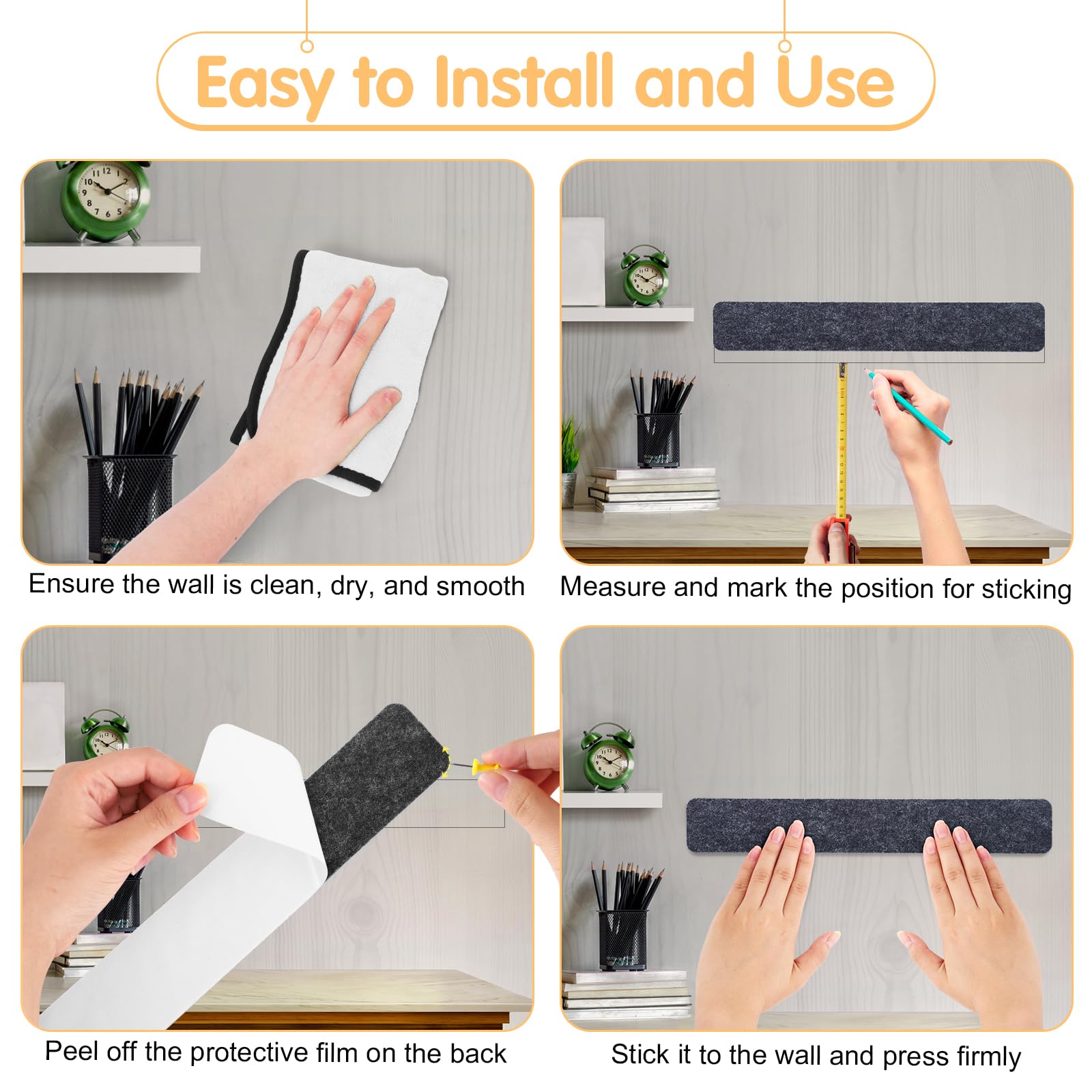 16 Stück Pinnwand Filzstreifen Selbstklebend – 33x5 Cm, Mit 35 Pushpins, Für Fotos & Notizen, Grau/schwarz/weiß