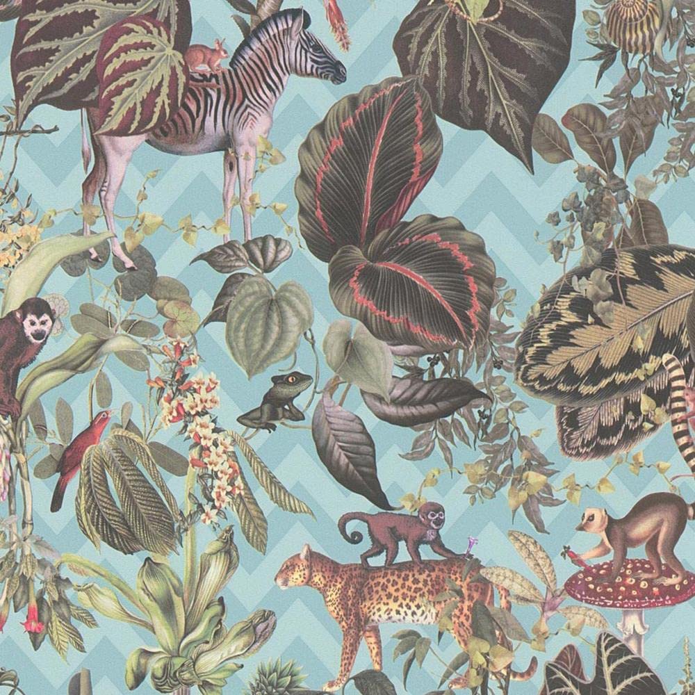 Yöl Blue-Sample Sample Blue Jungle Wallpaper Textured Animal Tropical Vinyl Green