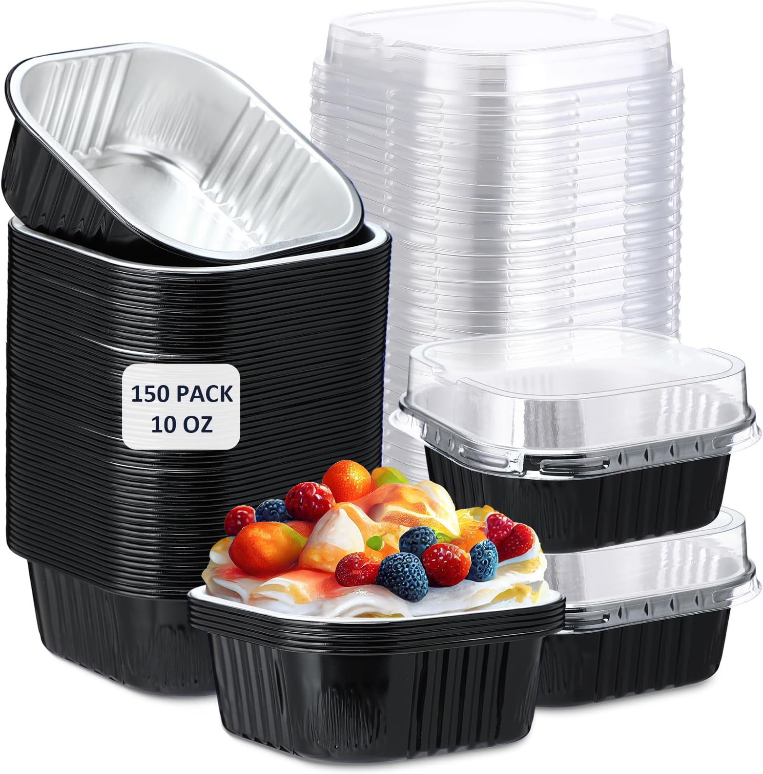 150 Pieces 10 oz Mini Cake Pans with Lids Aluminum Foil Baking Cups Square Disposable 4" x 4" Large Cupcake Cups Baking Tins for Kitchen Brownie Pudding Desserts Holders(Black)