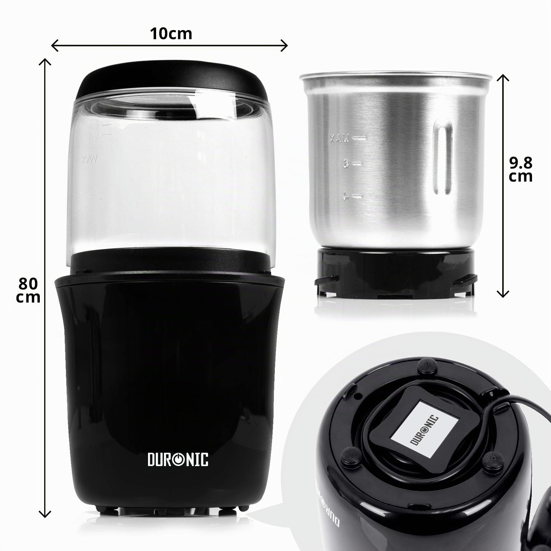 Duronic CG250 Macinacaffè Elettrico 250W - Lame in acciaio - Contenitore rimovibile in acciaio 75g - Macinino per spezie e caffè - Facile da pulire - Per caffè, spezie, erbe, frutta secca, zucchero