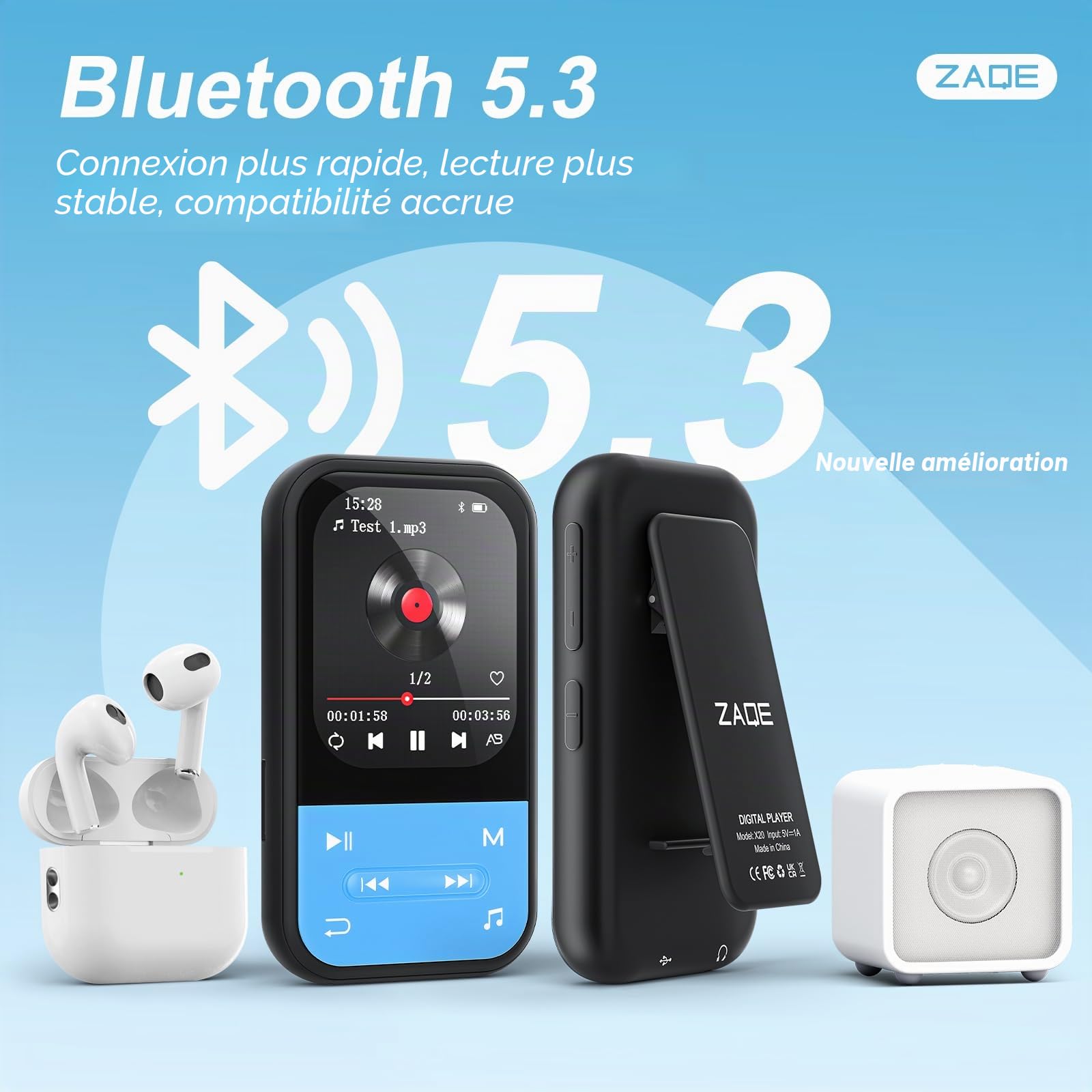 Lecteur MP3 64 Go - Lecteur MP3 Clip avec Bluetooth 5.3, Lecteur de Musique Portable avec Radio FM, enregistreur Vocal, podomètre, Design Mini idéal pour Le Sport, écouteurs Inclus (Bleu)