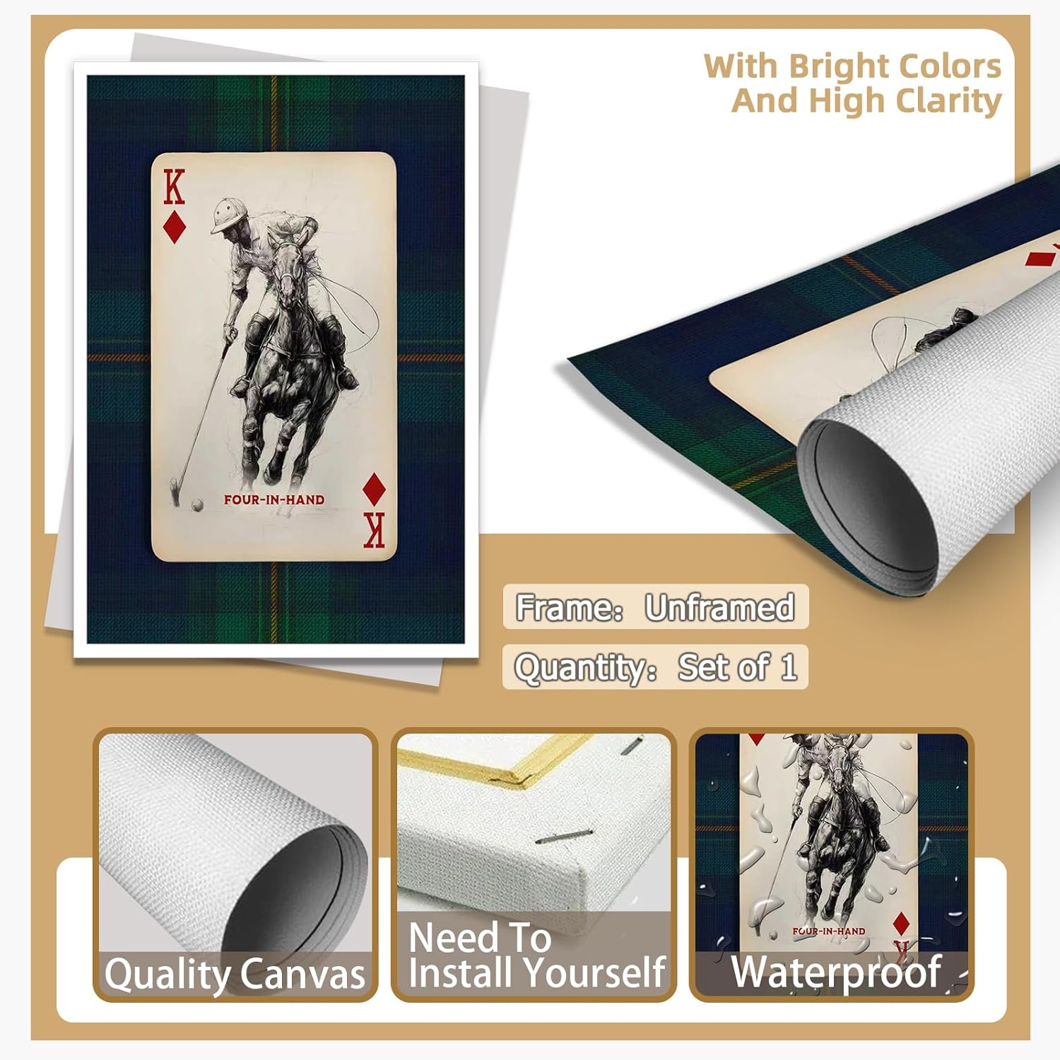 Vintage Navy Plaid Equestrian Sports King Of Diamonds Print Four In Hand Polo Playing Card Wall Art Trendy Preppy East Coast Canvas Poster Old Money Office Decor for Game Room 16x24inch Unframed - Image 7