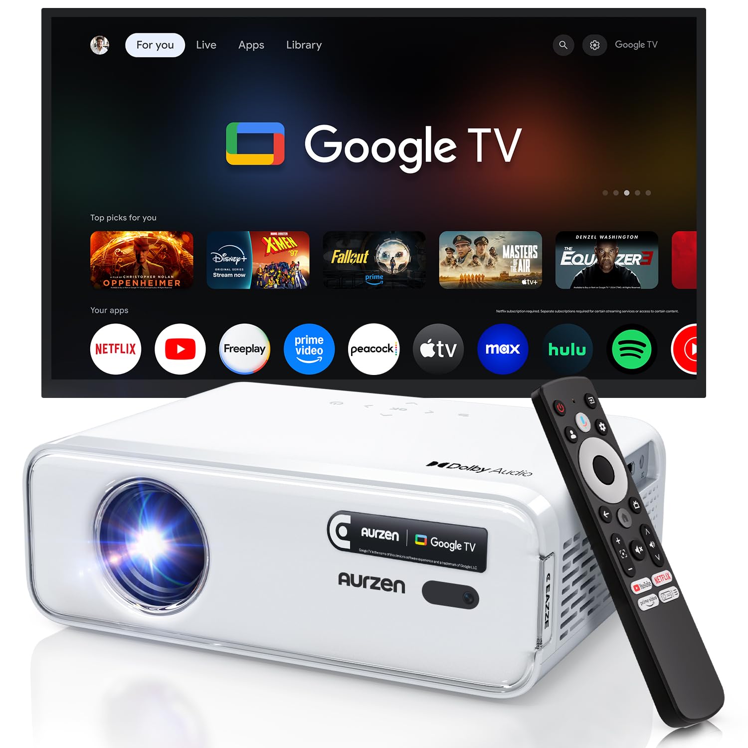Aurzen EAZZE D1G Official Google TV 4K Supported Smart Projector with WiFi & Bluetooth, Auto Focus & Keystone, Dolby Audio, Native 1080P Portable Mini Movie Projector for Home & Outdoor