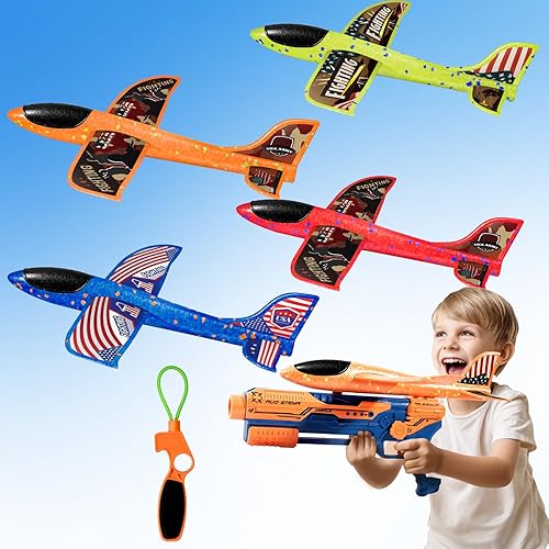4 Pack Airplane Launcher Toy, Foam Airplanes with 2 Flight Modes, Slingshot and DIY Stickers Outdoor Flying Toy for Kids, Birthday for Boys Girls 5 6 7 8 9+ Years Old