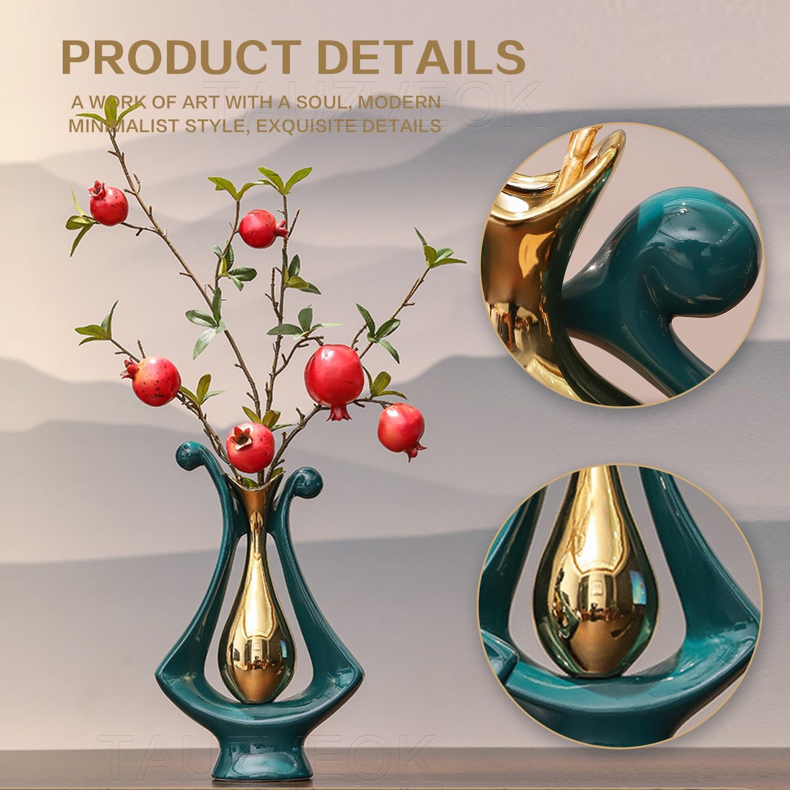 Grün Und Gold Keramik Vase, Moderne Aesthetic Room Decor, Blumenvase für Tischdeko Hochzeit, Wohnzimmer,Büro,Schlafzimmer Deko,Green Set