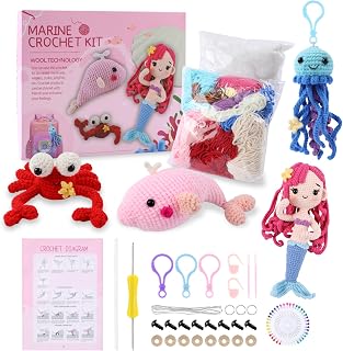 Crochet Kit for Beginners Adults and Kids, Little Mermaid Crab Octopus Whale, Crochet Set with Yarn and Hook Starter Kit with Step-by-Step Video Tutorials Professionals Animal DIY Crafts Supplies