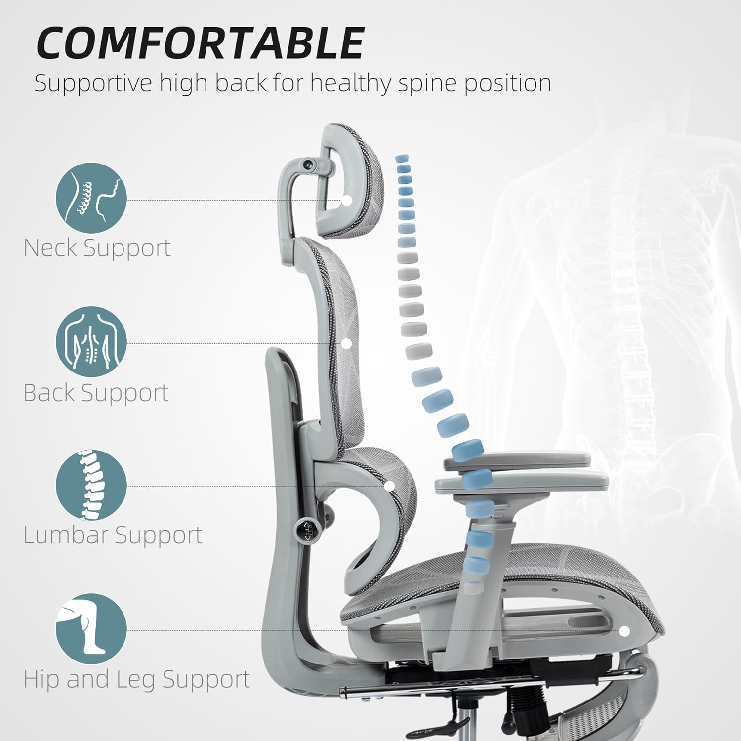 Diagram illustrating neck, back, lumbar, hip, and leg support features of the ergonomic chair
