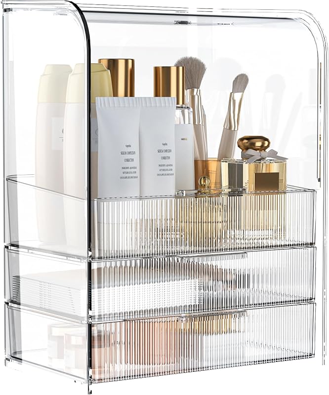 GearFusion Organizador de Cosméticos Transparente com 3 Compartimentos, Tampa e 2 Gavetas