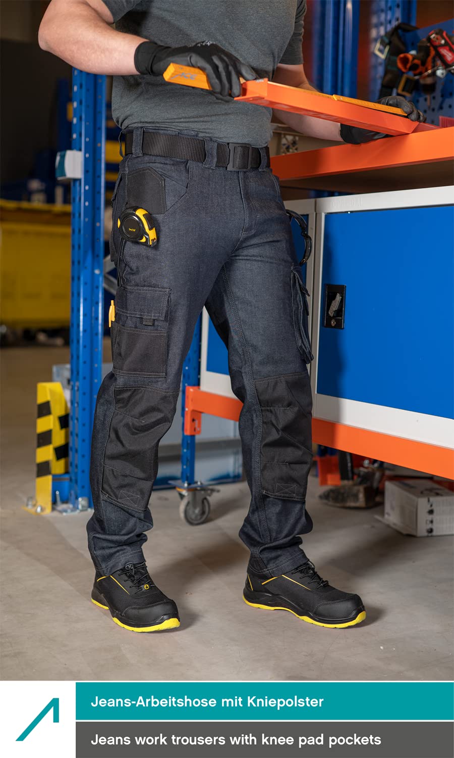 ACE Genesis Jeans Herren-Arbeits-Hose lang - Männer-Cargo-Hosen aus 98% Baumwolle - Stretch-Bund & Knie-Taschen