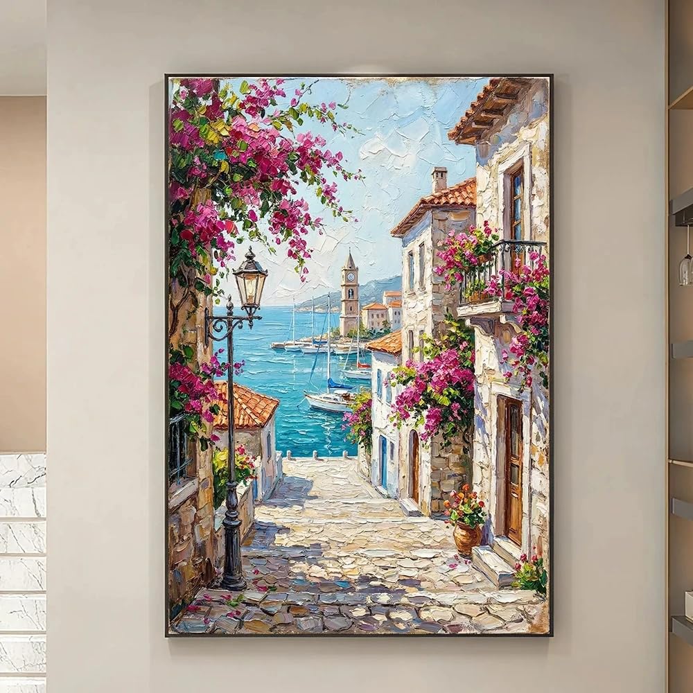 Gosrd Frameless Canvas Prints Mediterranean Alley Painting Coastal Village Landscape Wall Art With Flowers And Sea View(35X50cm)