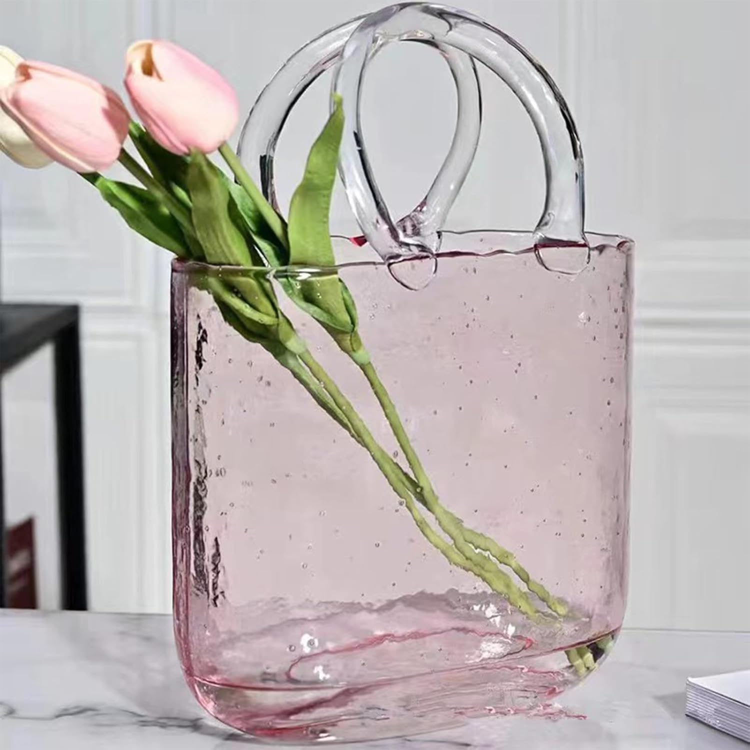 Glass Vase with Elegant Purse Design, Hand Purse vase with