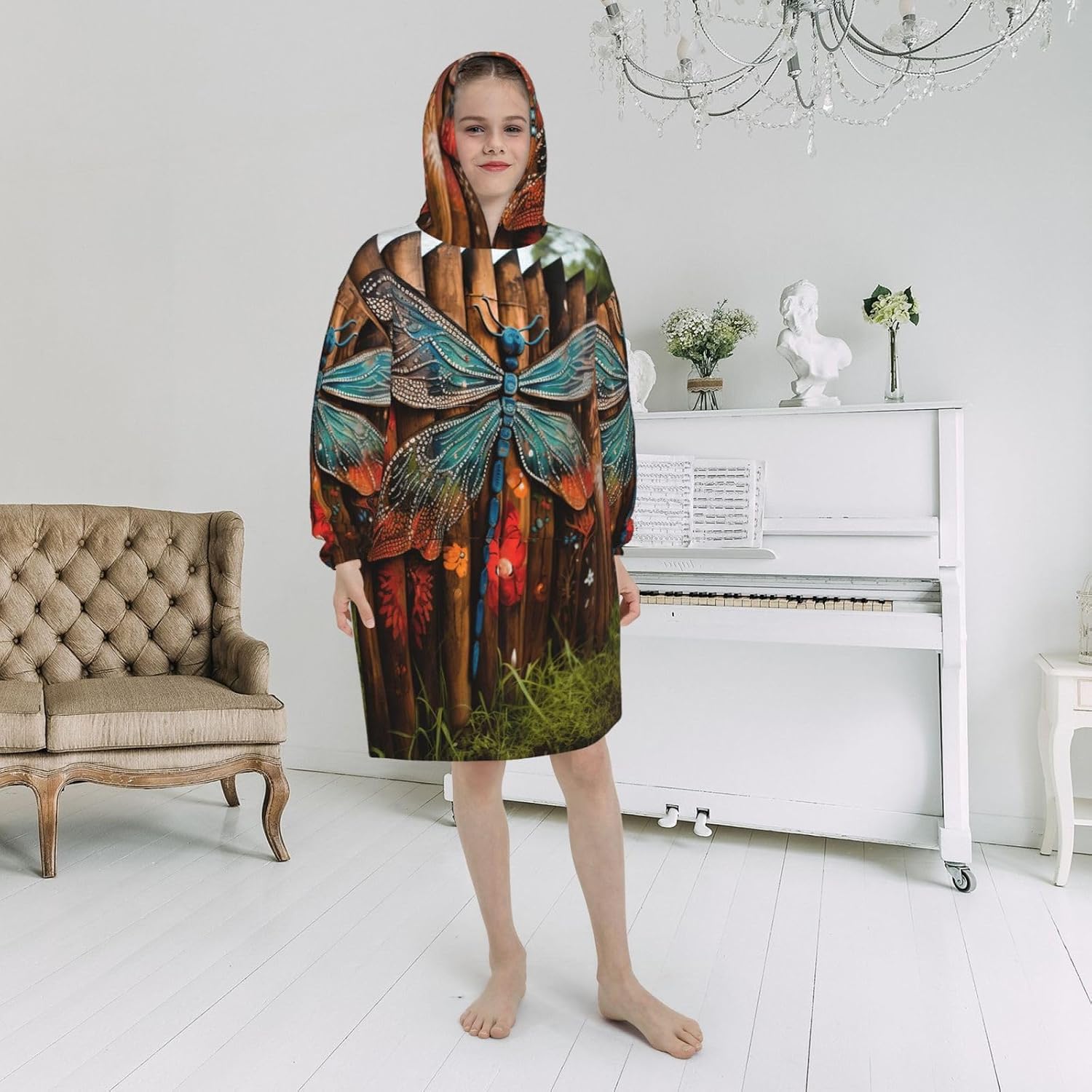 Dragonfly Fence Print Oversized Blanket Hoodie, Wearable Blanket Hooded,Hooded Pullover With Pocket