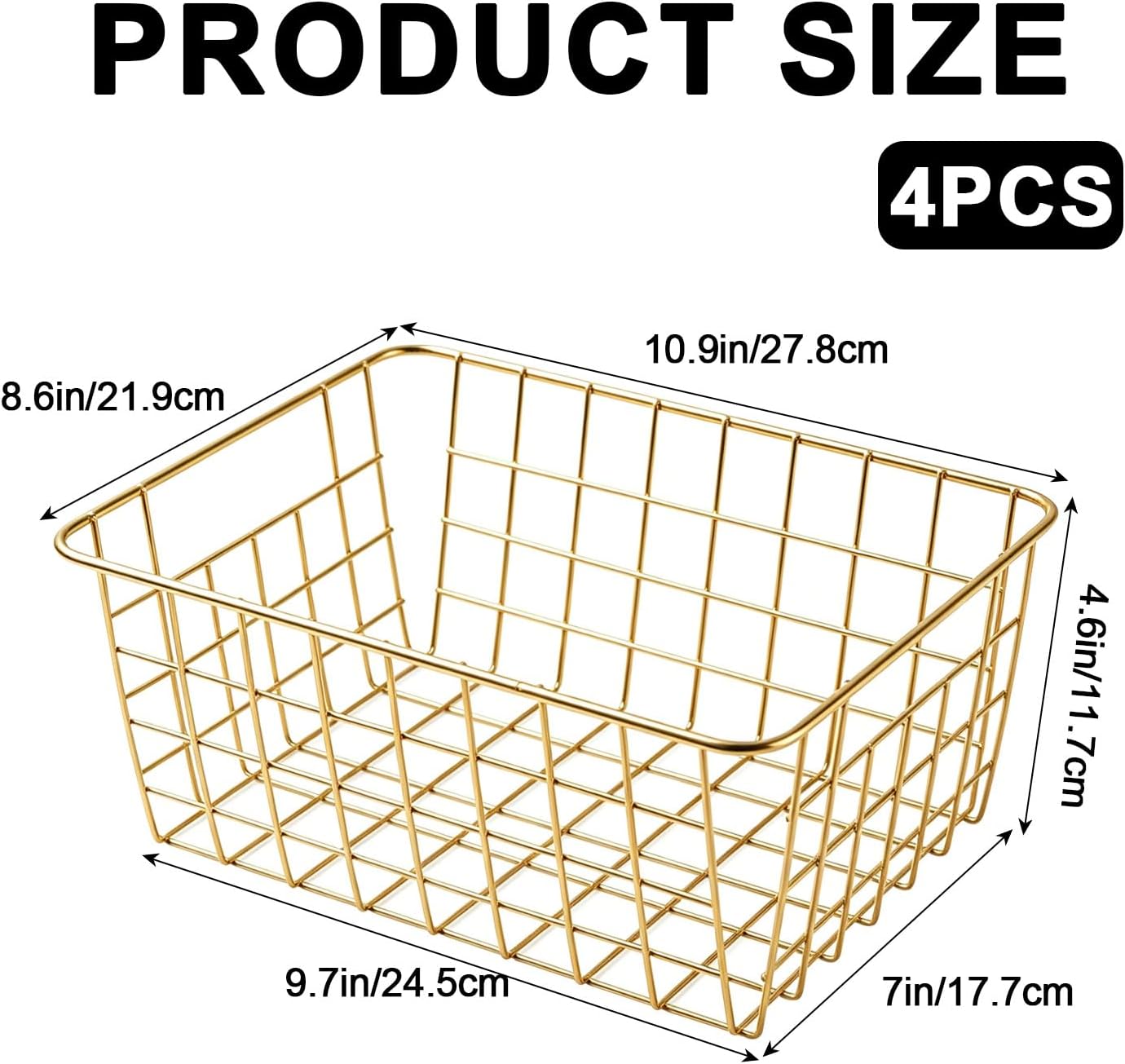 4 Pack Gold Wire Baskets,10.9"x8.6"x4.6", Wire Freezer Storage Organizer Bins Farmhouse Metal Freezer Gold Storage Basket with Handles for Cabinets, Pantry, Closets, Bedrooms