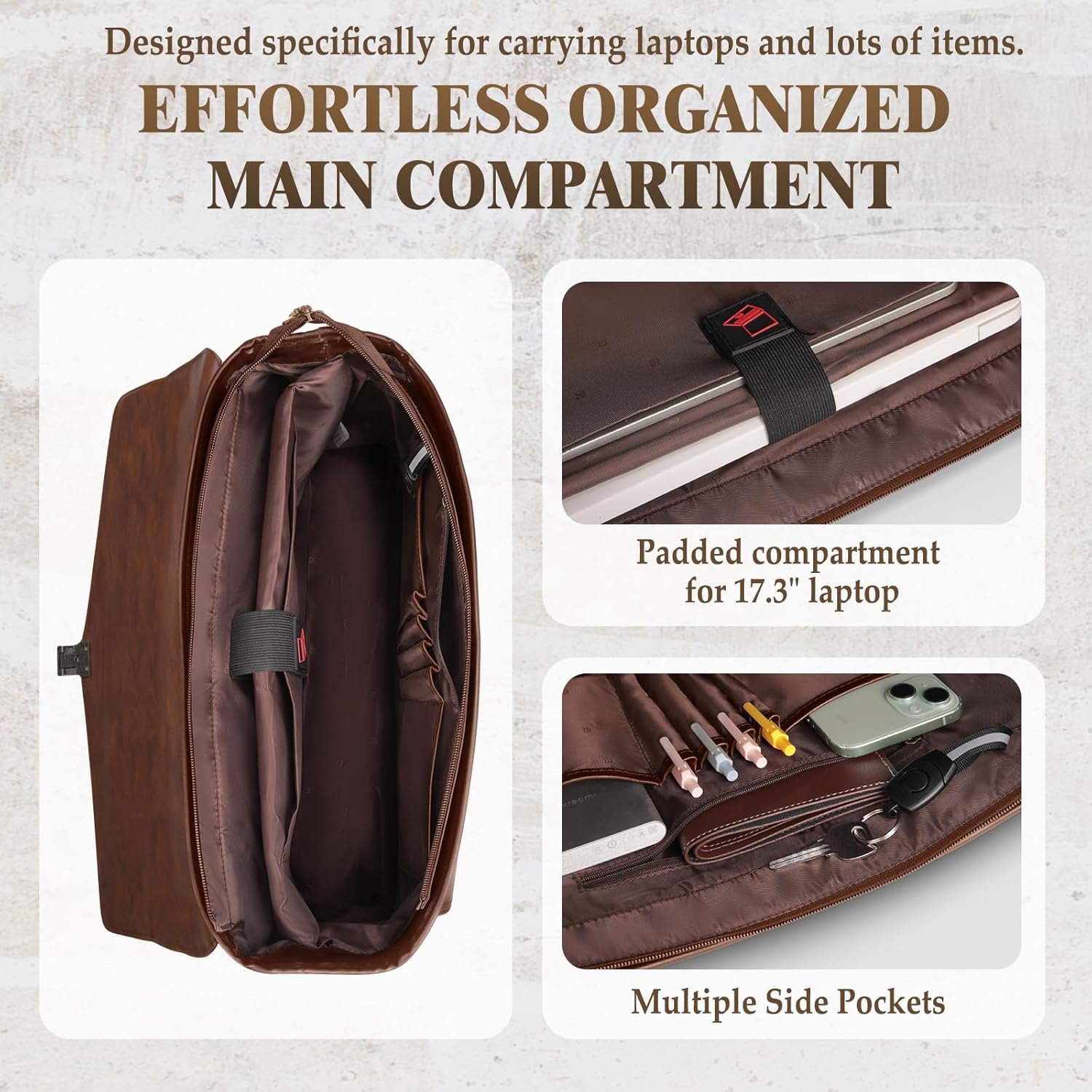 RAINSMORE 17.3 Inch Men's Messenger Bag, PU Leather Laptop Briefcase for Work, Office & Business Travel, Spacious Satchel Bag - Image 4