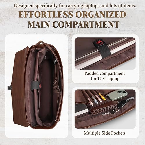 Miniatura 3 de RAINSMORE Bolsa de mensajero para hombre de 17 pulgadas, maletín para computadora portátil, impermeable, de cuero, para trabajo, oficina, viajes,