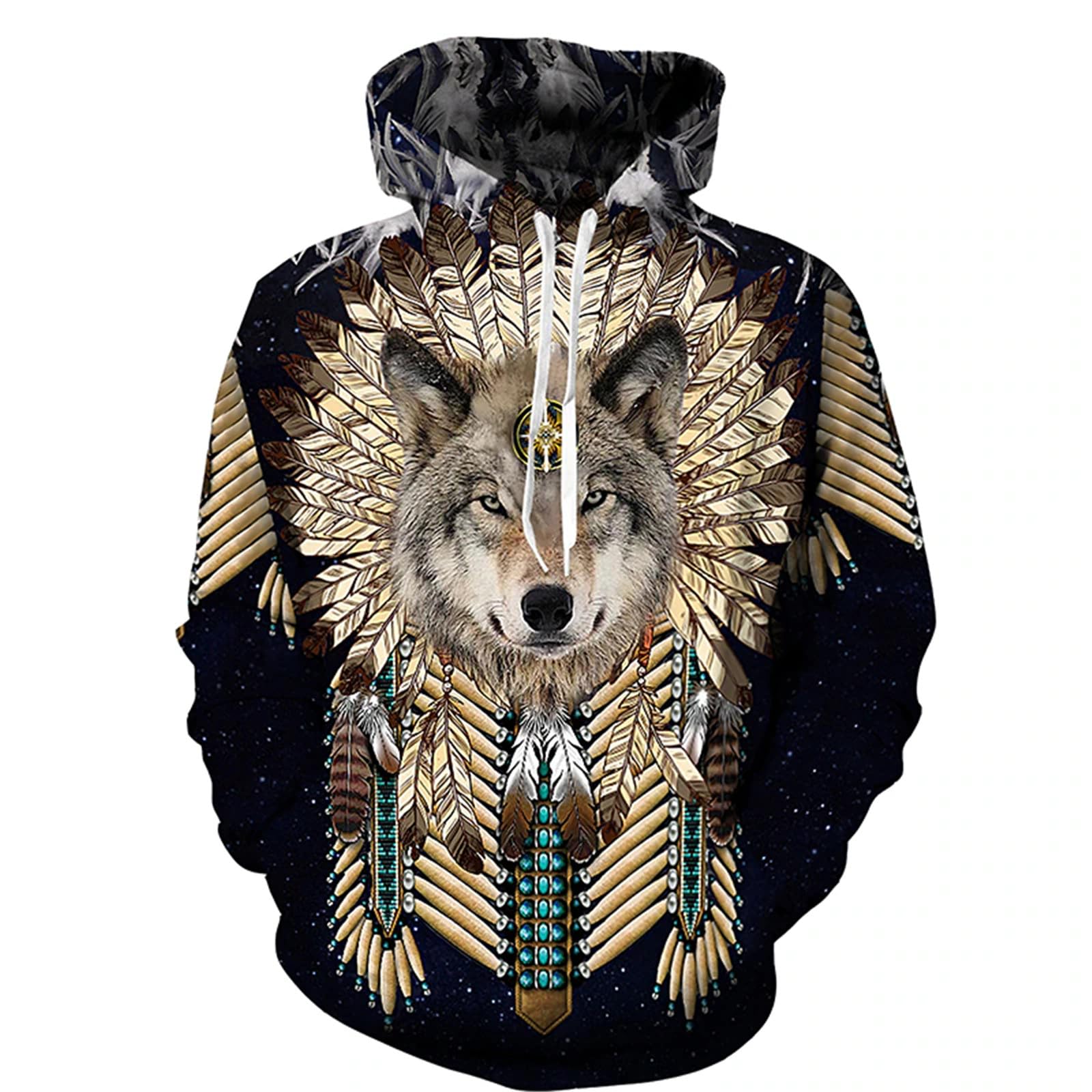 famesaleVintage Indian Native 3D Wolf Totem Printed Men's Hoodie Harajuku Streetwear Unisex Hooded Sweatshirt Casual Pullover Tops